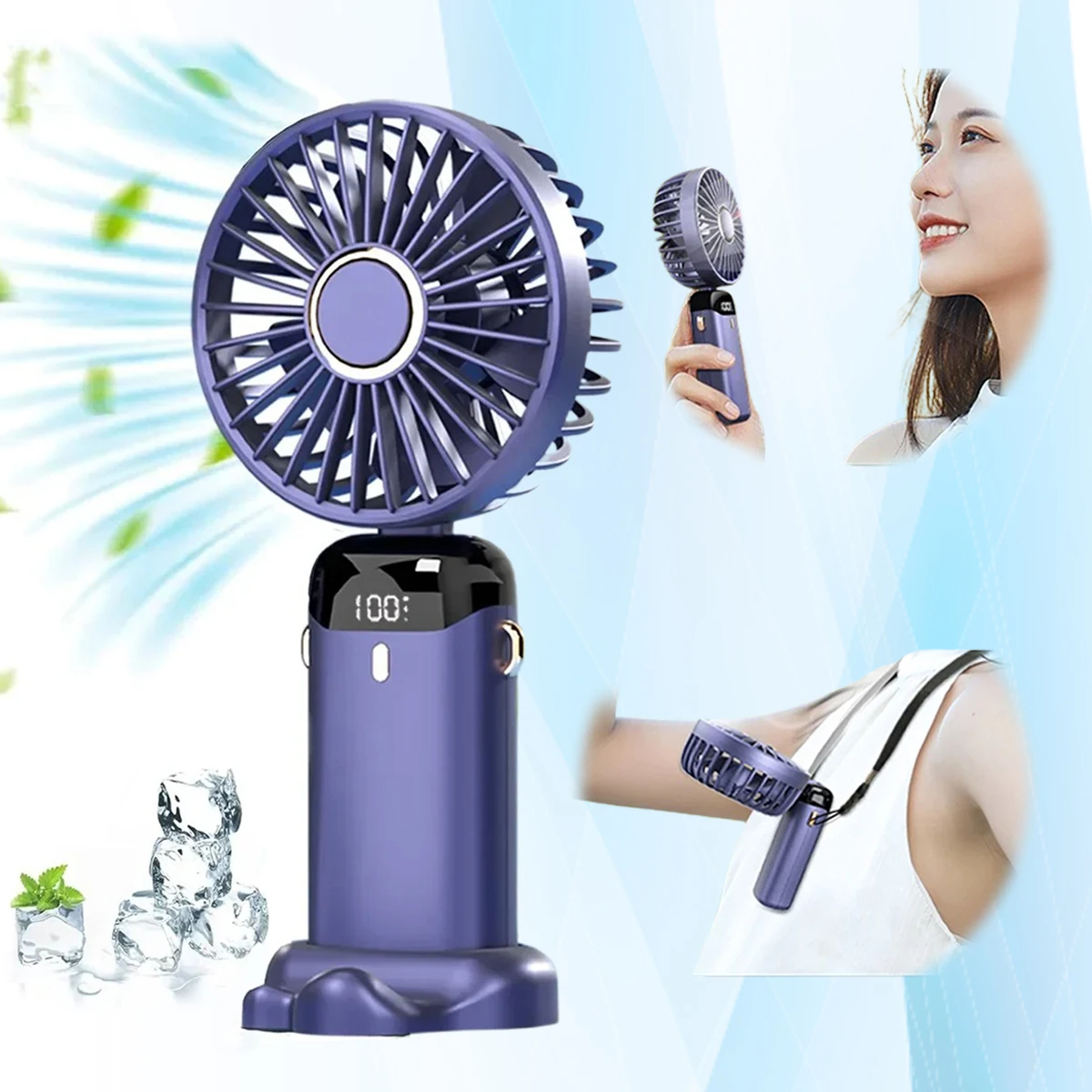 Mini ventilador eléctrico portátil de mano, recargable por USB, plegable, para colgar en el cuello, para exteriores, ajustable, 5 velocidades, potente enfriador de aire