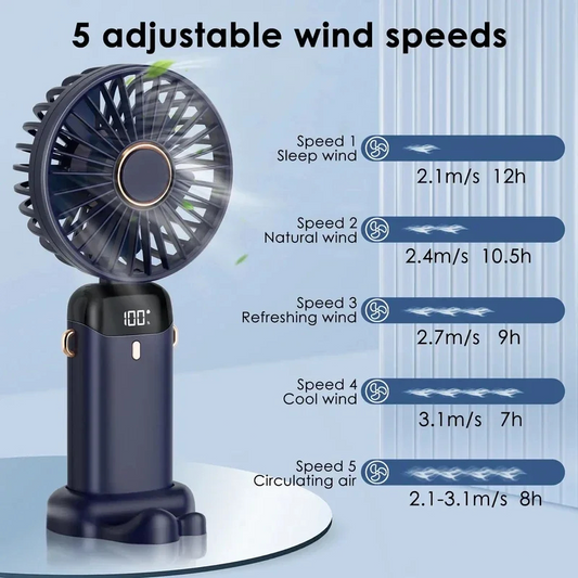 Mini ventilador eléctrico portátil de mano, recargable por USB, plegable, para colgar en el cuello, para exteriores, ajustable, 5 velocidades, potente enfriador de aire