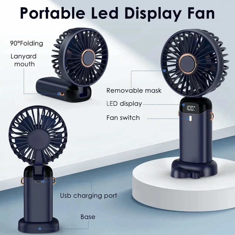 Mini ventilador eléctrico portátil de mano, recargable por USB, plegable, para colgar en el cuello, para exteriores, ajustable, 5 velocidades, potente enfriador de aire