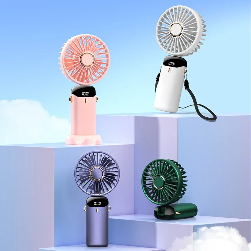 Mini ventilador eléctrico portátil de mano, recargable por USB, plegable, para colgar en el cuello, para exteriores, ajustable, 5 velocidades, potente enfriador de aire